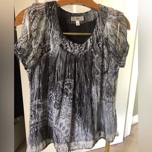 Chiffon blouse, black, grey & white patterned with peek-a-boo sleeves